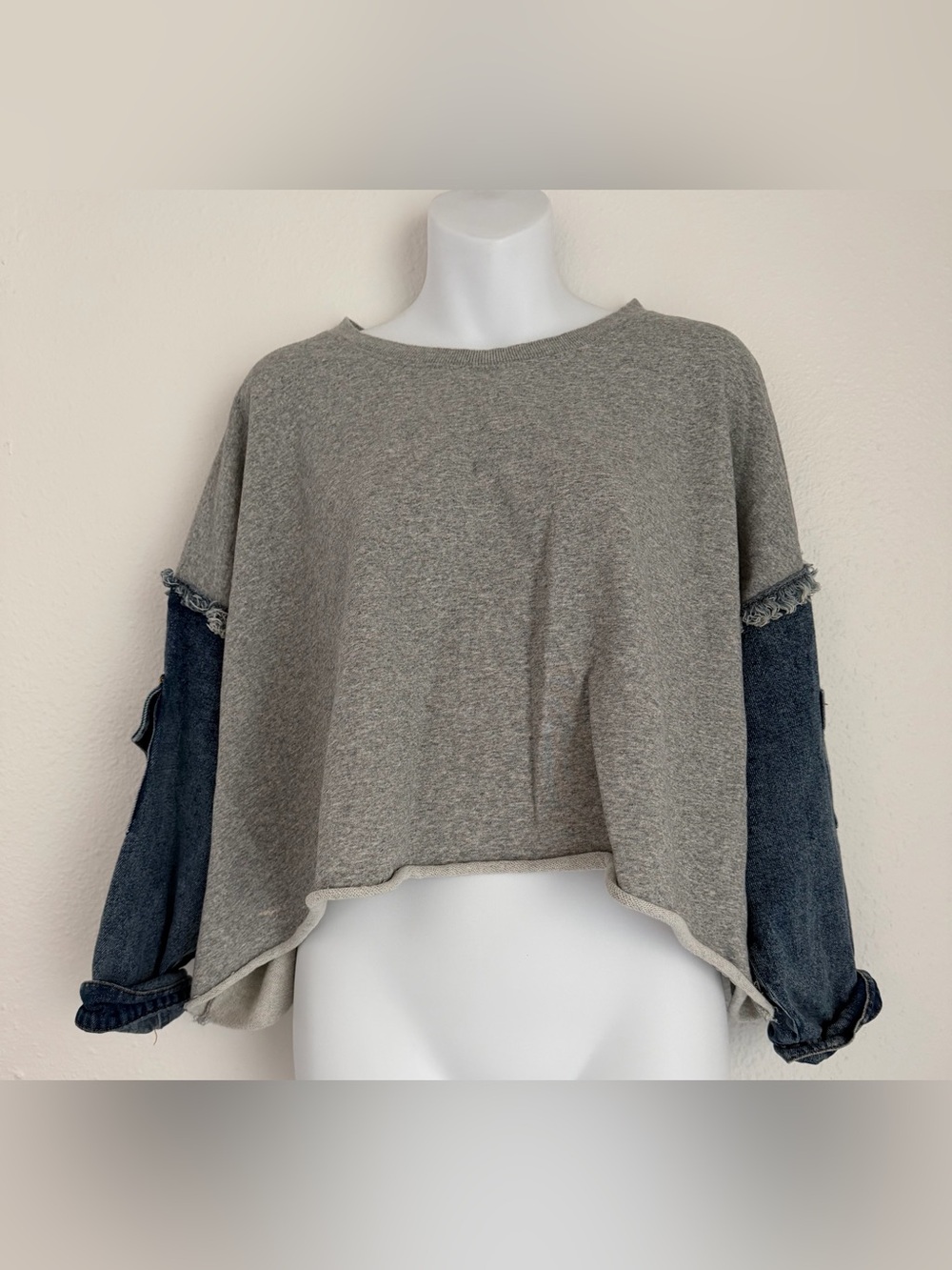 Dance & Marvel Gray Sweater with Dark Blue Denim Sleeves